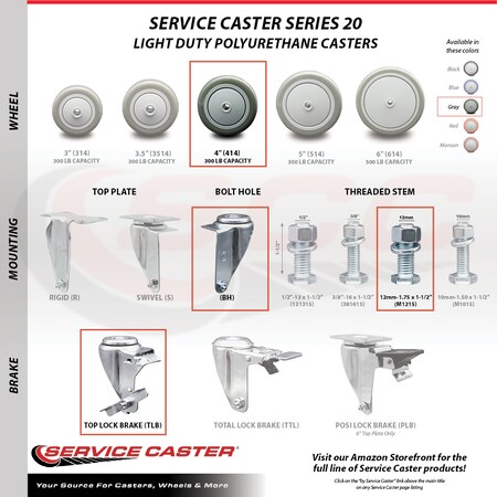 Service Caster 4 Inch SS Gray Polyurethane Wheel Swivel 12mm Threaded Stem Caster Set Brake SCC-SSTS20S414-PPUB-TLB-M1215-4